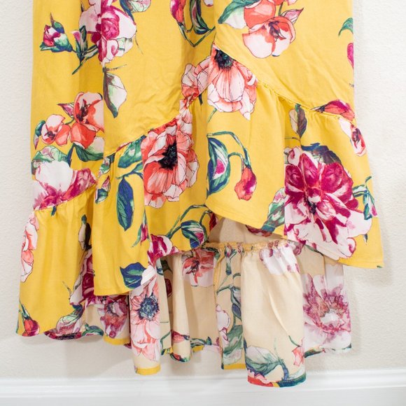 Band of Gypsies M Yellow and Pink Floral Button Tied Off Shoulder Viscose Hi-Low - Picture 3 of 14